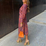 Isadora – Vestido Midi Elegante com Impressão Artística