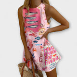 Inês - Vestido Mini Rosa Estampa Miraba